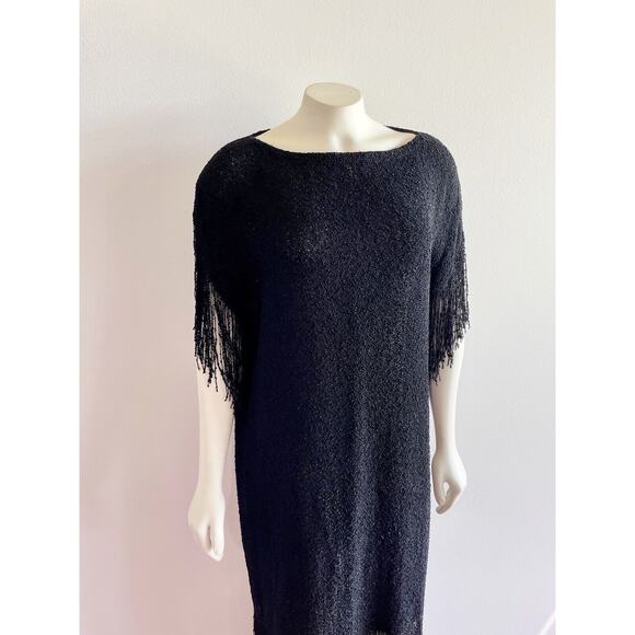 Panache Dress Maxi Hand Woven Dream Weaver Knit Fringe Black Medium Vintage - Picture 5 of 16